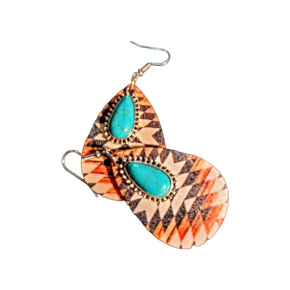 Women's Native American Earrings Painted Design on Wood Silver Tone Faux Turq Te - Picture 2 of 4